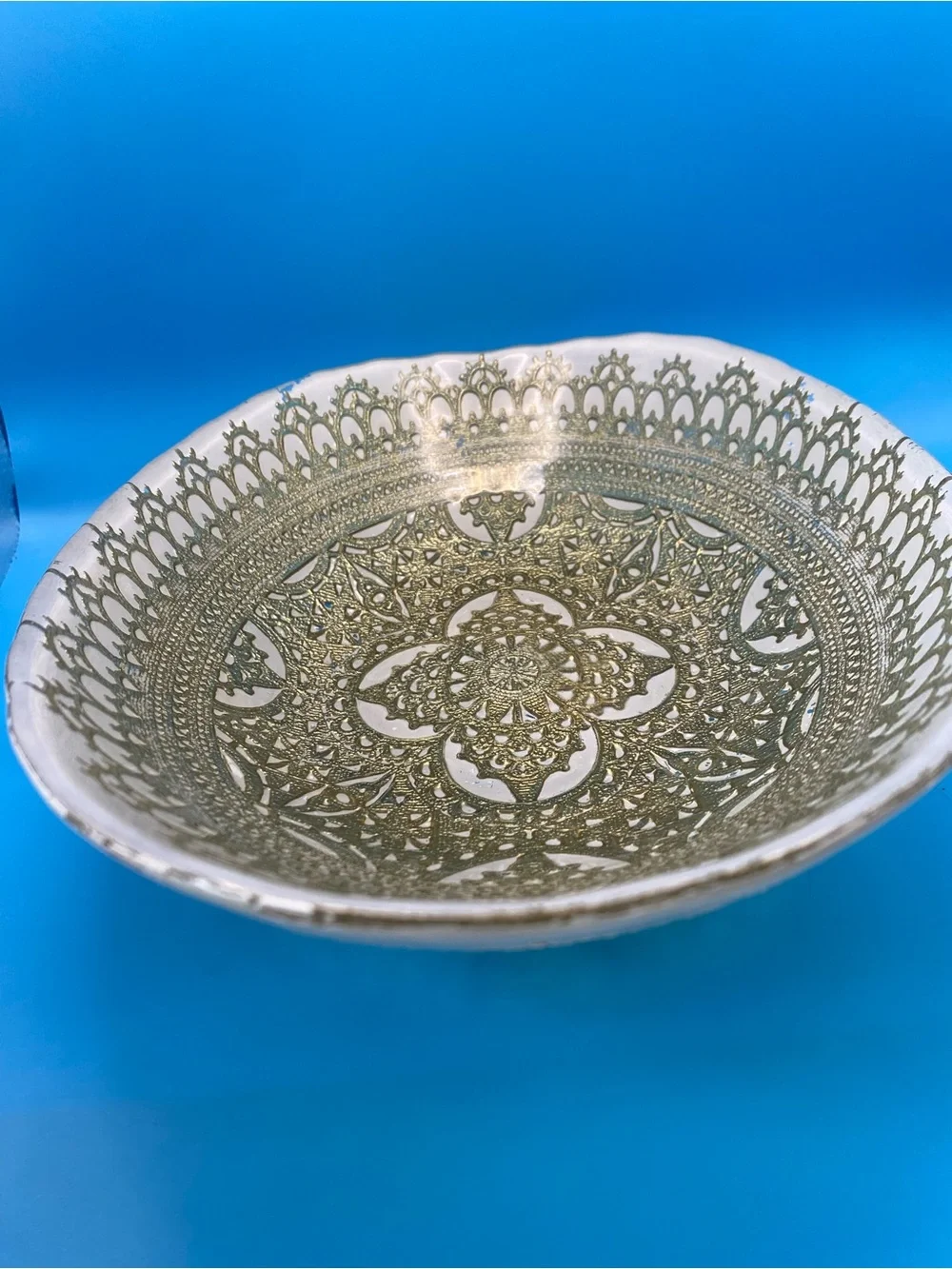 Artistic Accents Turkish Glass Oval Serving Bowl Gold Lace White Handmade 13